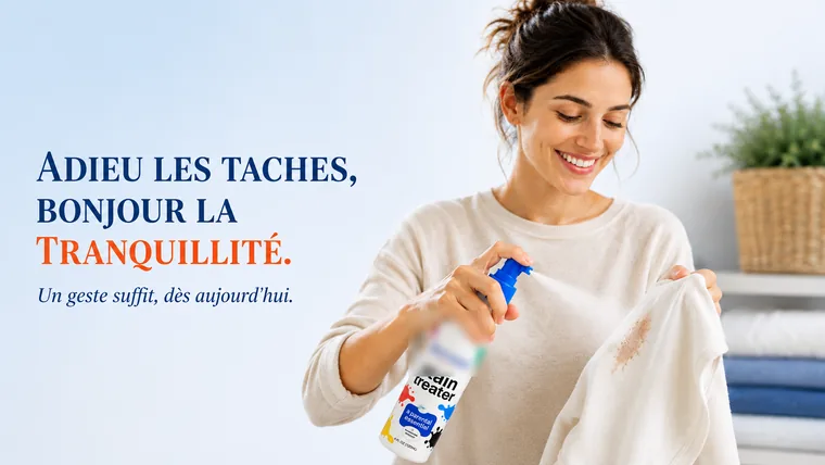 Femme vaporisant le detachant sur une tache
