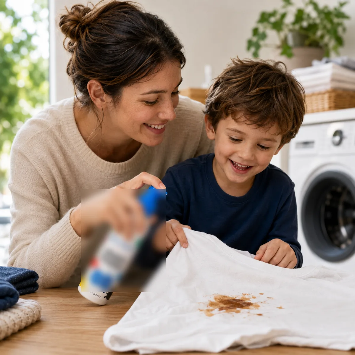 Une maman vaporise le détachant ZÉROTACHE sur la tache d'un vêtement blanc