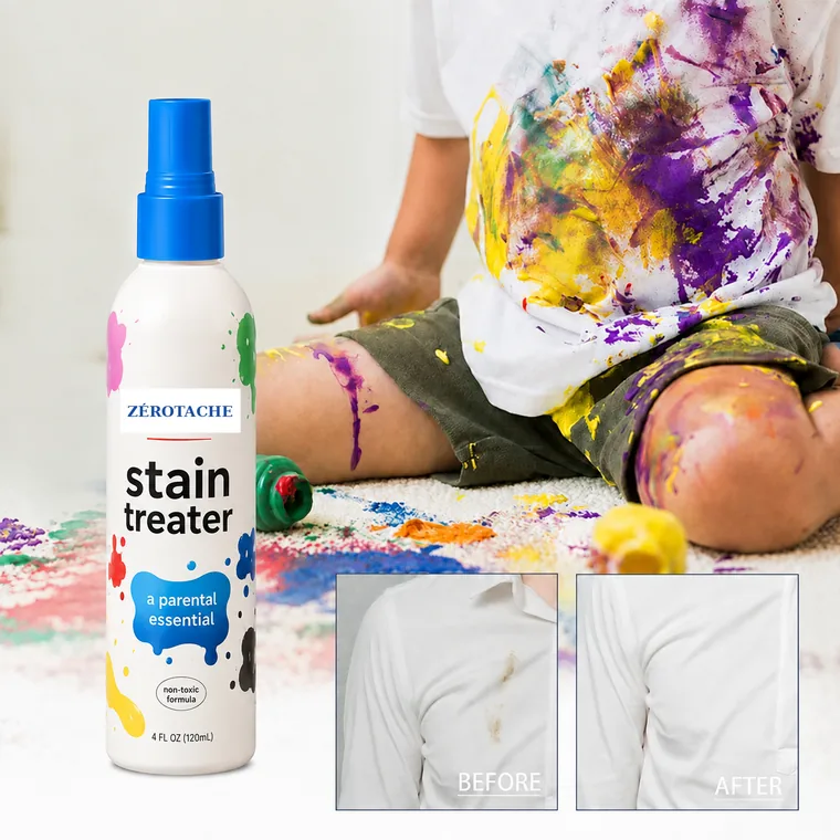 Enfant couvert de peinture, flacon ZEROTACHE a cote